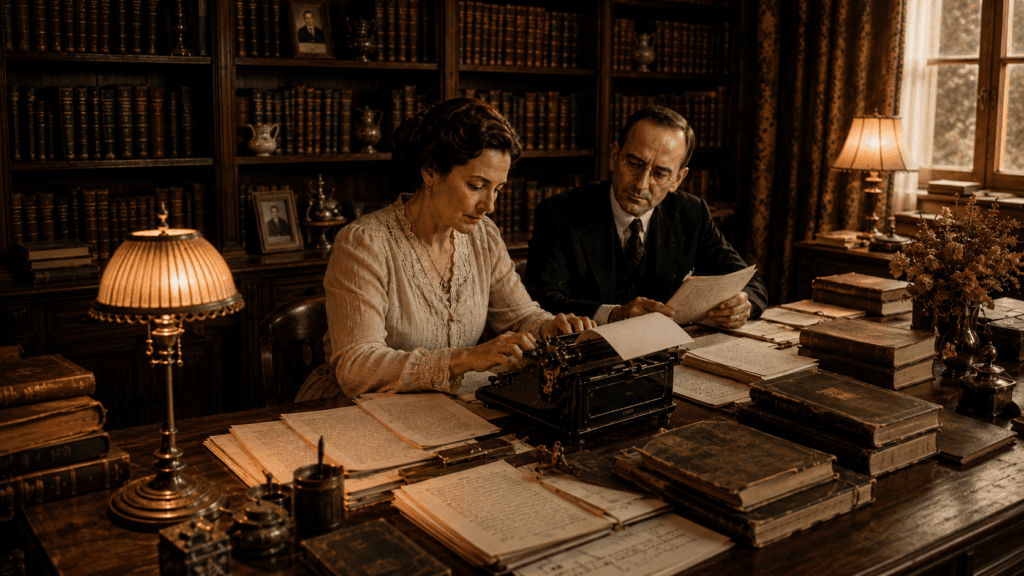 Rosa Lee Beeland trabalhando em manuscritos ao lado de Napoleon Hill, em ambiente de estudo e escrita.