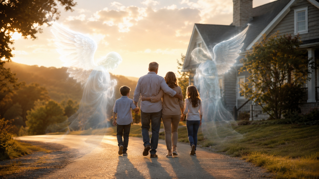 Família caminhando sob a proteção de Deus e de anjos, representando o cuidado divino do Salmo 23.