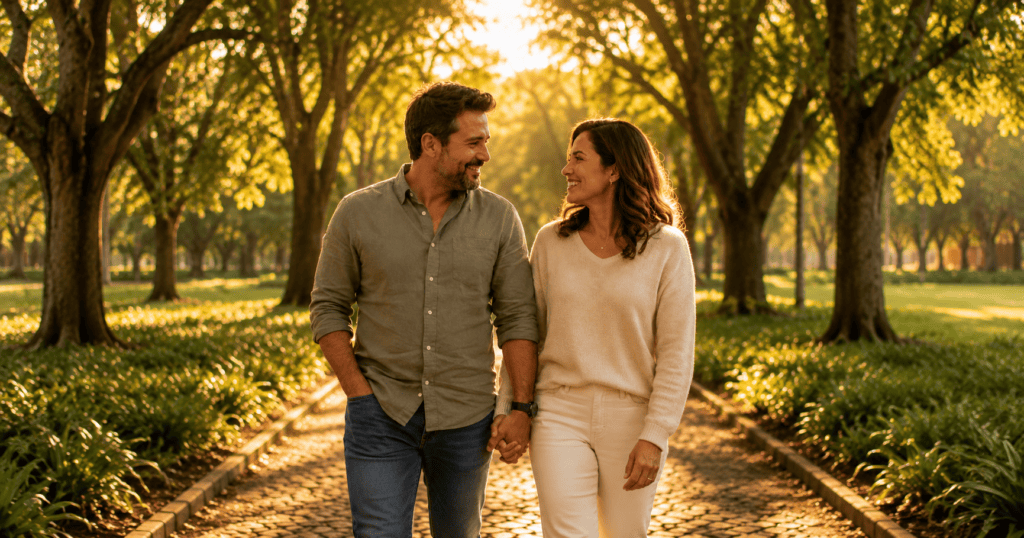 Casal caminhando de mãos dadas representando reconciliação e união no casamento.