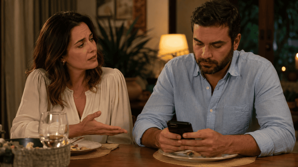 Casal à mesa em momento de distância emocional, representando a importância de escutar o cônjuge no casamento.