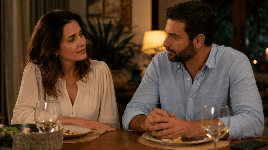 Casal à mesa olhando nos olhos e segurando as mãos, representando reconciliação, escuta e restauração no casamento.