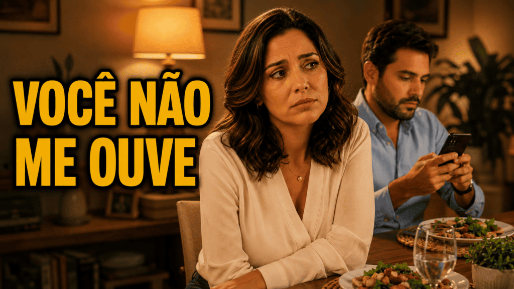 Casal à mesa em momento de distância emocional, com a esposa triste e o marido distraído no celular, representando a falta de escuta no casamento.