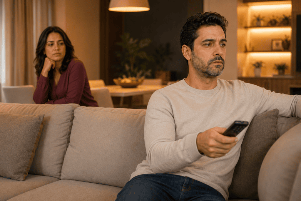Mulher esperando atenção enquanto o marido assiste televisão