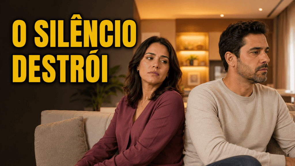 Casal emocionalmente distante no sofá representando o silêncio no casamento