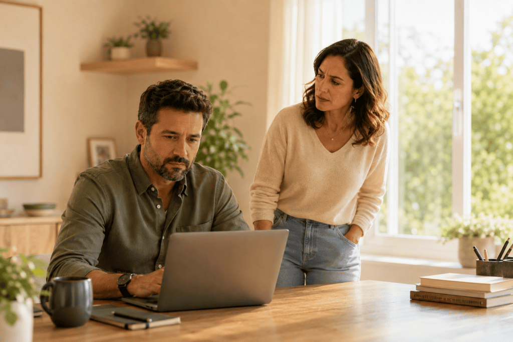 Esposa tentando conversar com marido distraído no home office