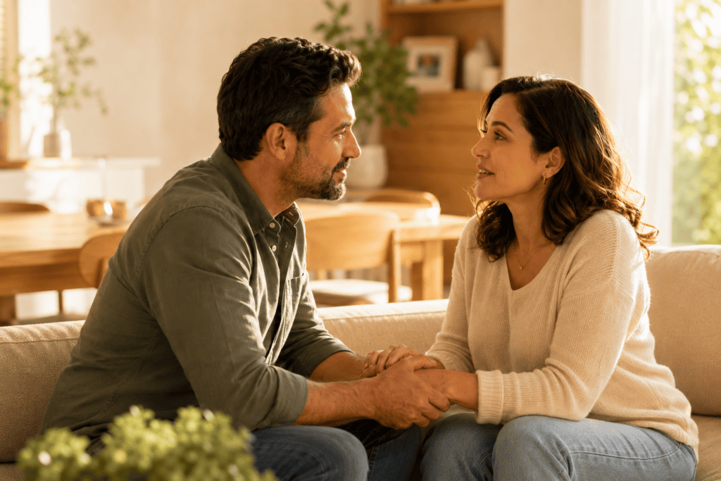 Marido e esposa conversando e se reconciliando no casamento