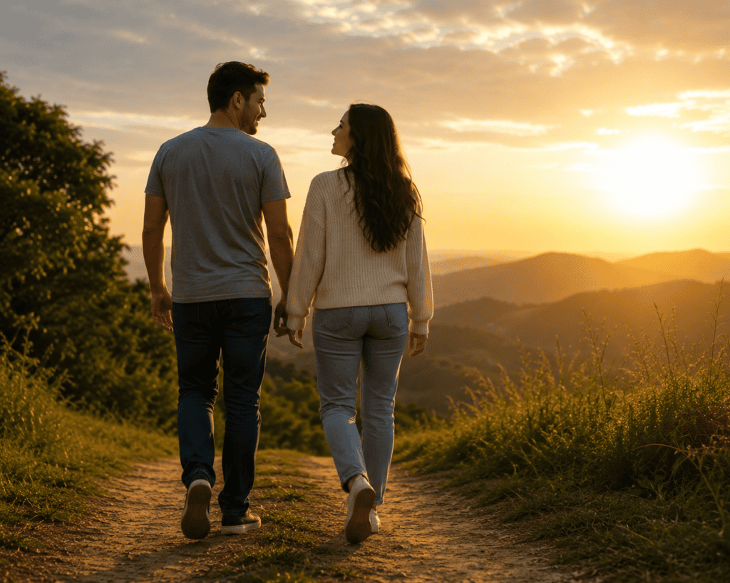 Casal jovem caminhando junto ao entardecer simbolizando liberdade emocional após o perdão