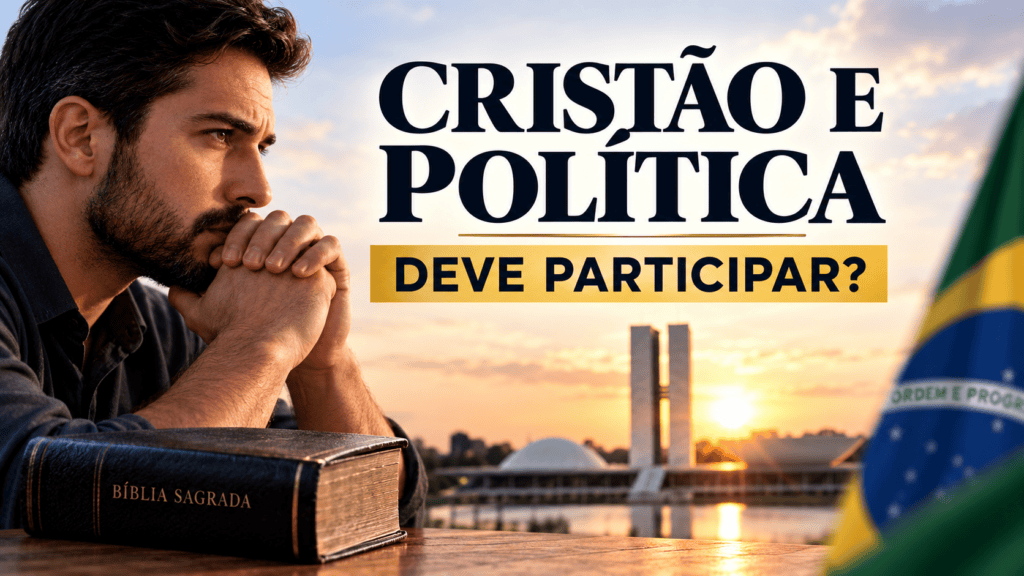 Cristão refletindo sobre fé, política e responsabilidade cívica diante de símbolos do Brasil