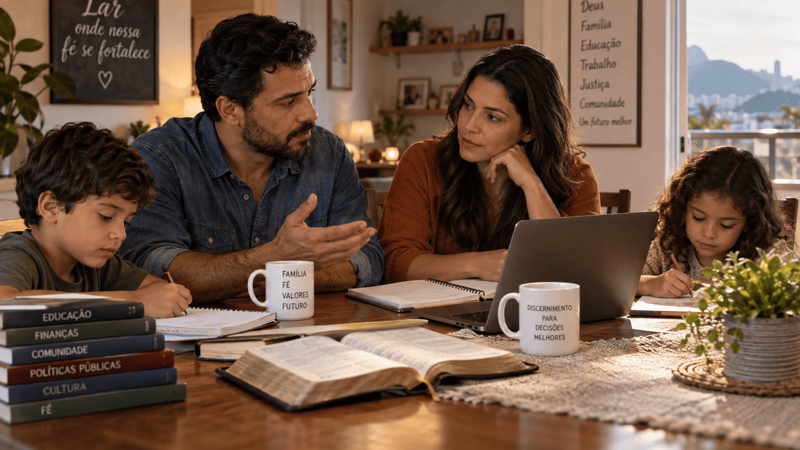 Família reunida à mesa refletindo sobre fé, educação, finanças e futuro
