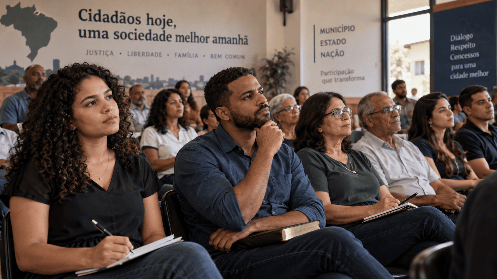 Cidadãos reunidos em encontro comunitário sobre participação, justiça e bem comum