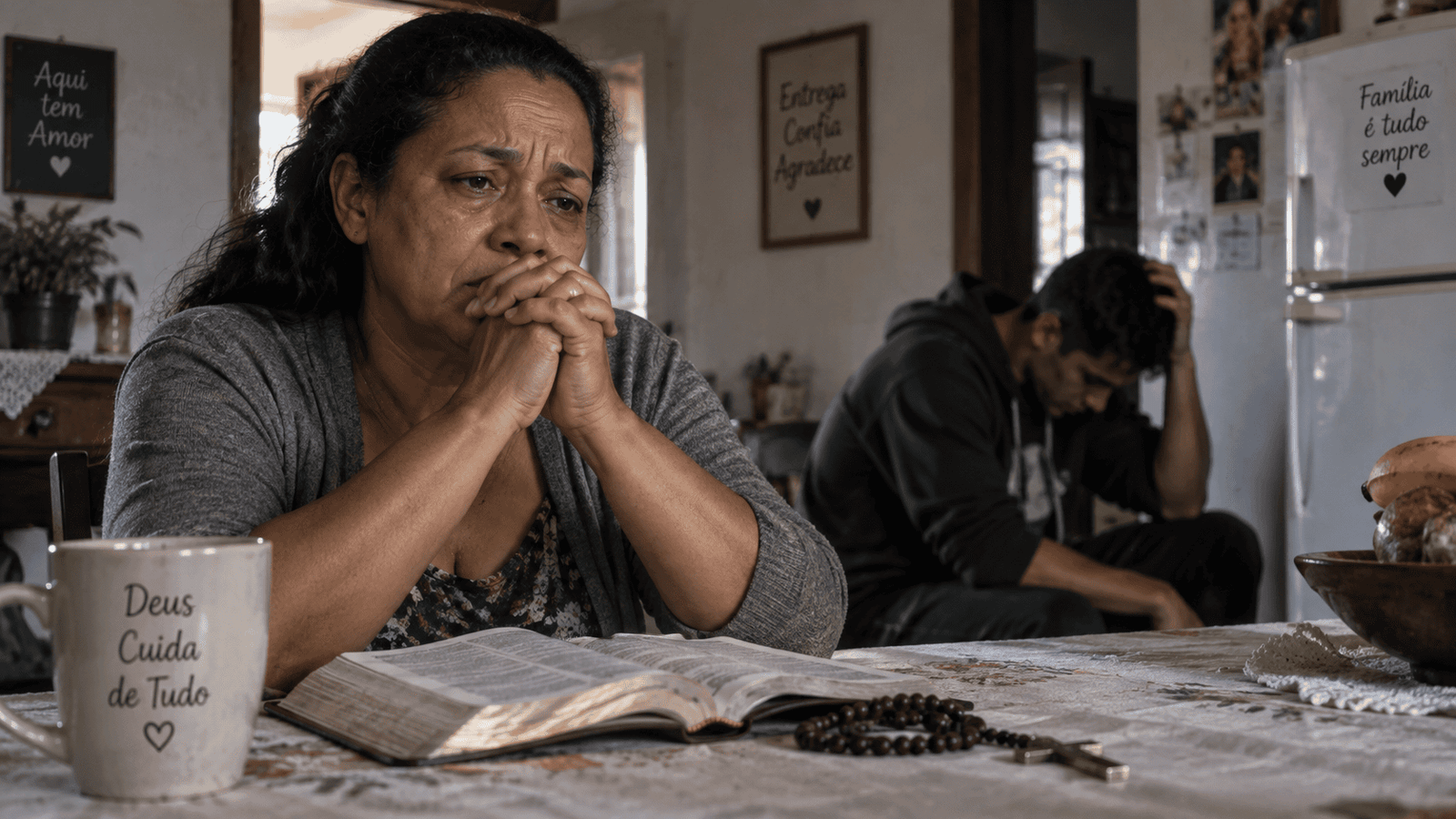 Mãe em oração diante de uma Bíblia enquanto um familiar enfrenta sofrimento relacionado às drogas