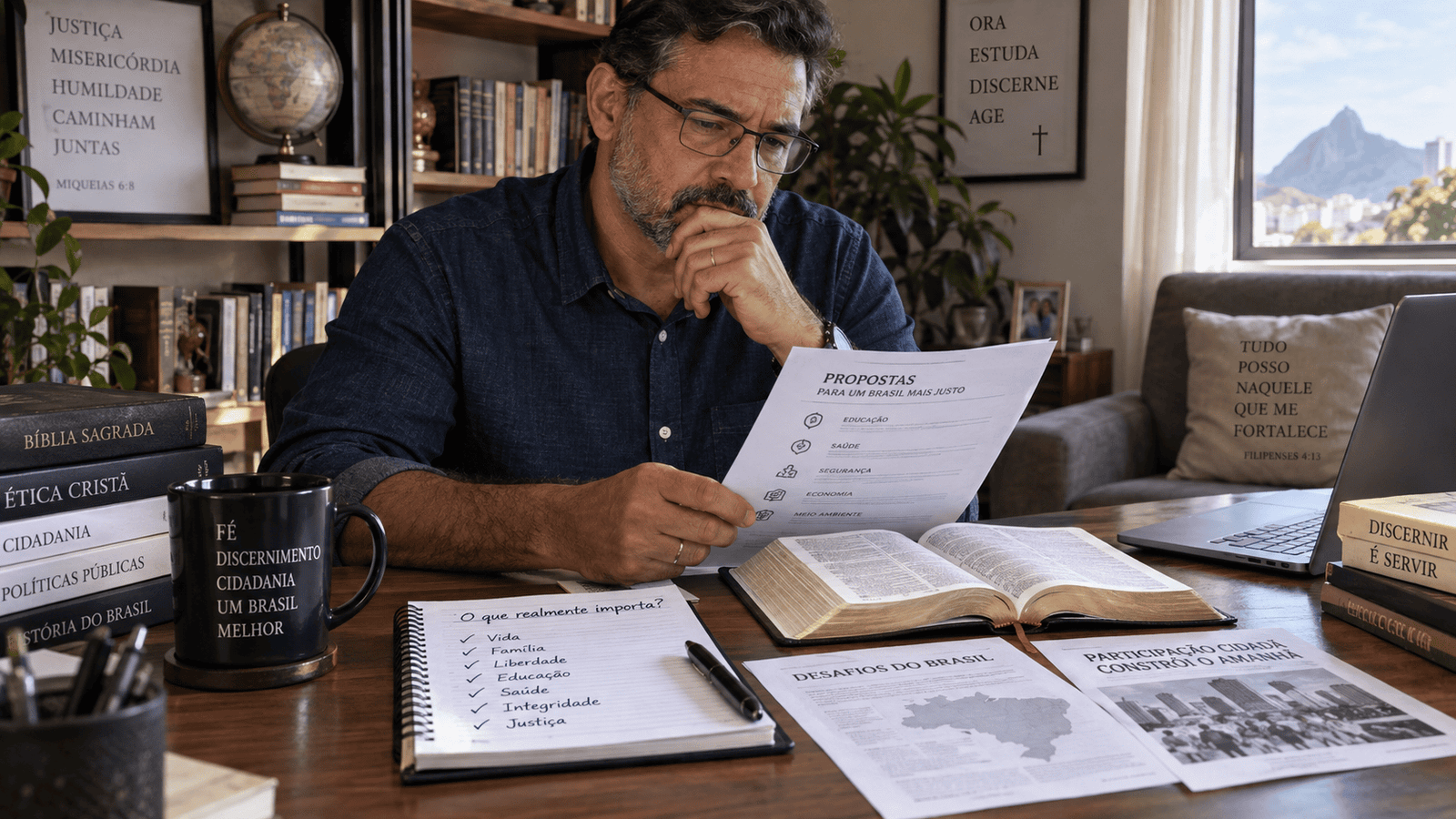 Homem estudando propostas políticas ao lado de Bíblia e materiais sobre cidadania