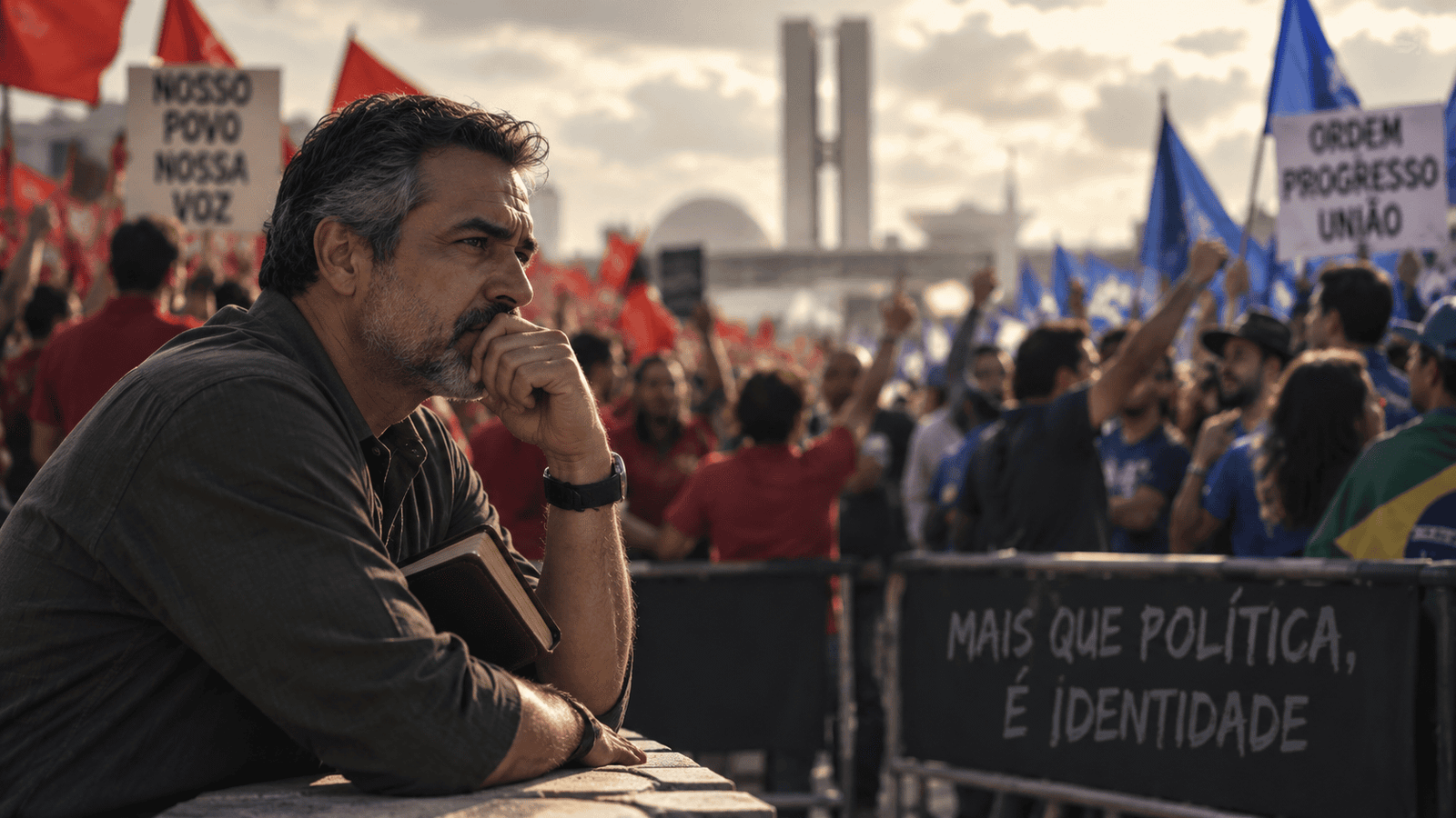Homem cristão refletindo diante de uma manifestação política polarizada em Brasília