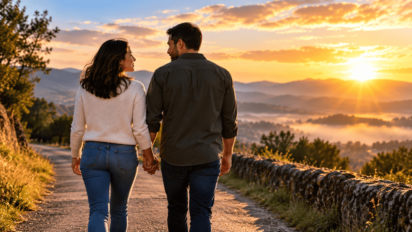 Casal caminhando ao amanhecer simbolizando esperança, confiança e presença de Deus nos momentos difíceis
